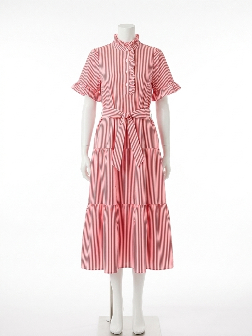 NEW ENTRO tiered skirt midi dress in pink and white striped